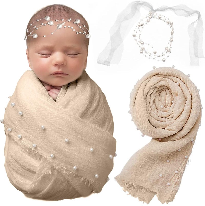 SPOKKI 2 PCS Baby Props Photography Wrap Kit, Newborn Photography Props, Handmade Pearl Wrap Blanket for Baby Photo Props with Pearl Headband, 35.5 X 67 inch Newborn Outfits for Photography (Beige) - Image 1